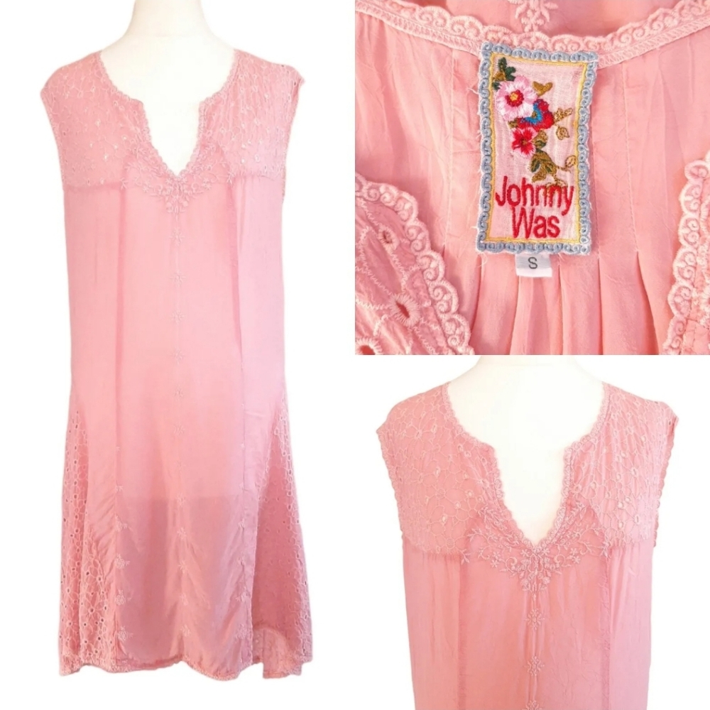 JOHNNY WAS Dusky Pink Dress Small UK 10 Broderie Anglaise Embroidered Sleeveless - Picture 9 of 10